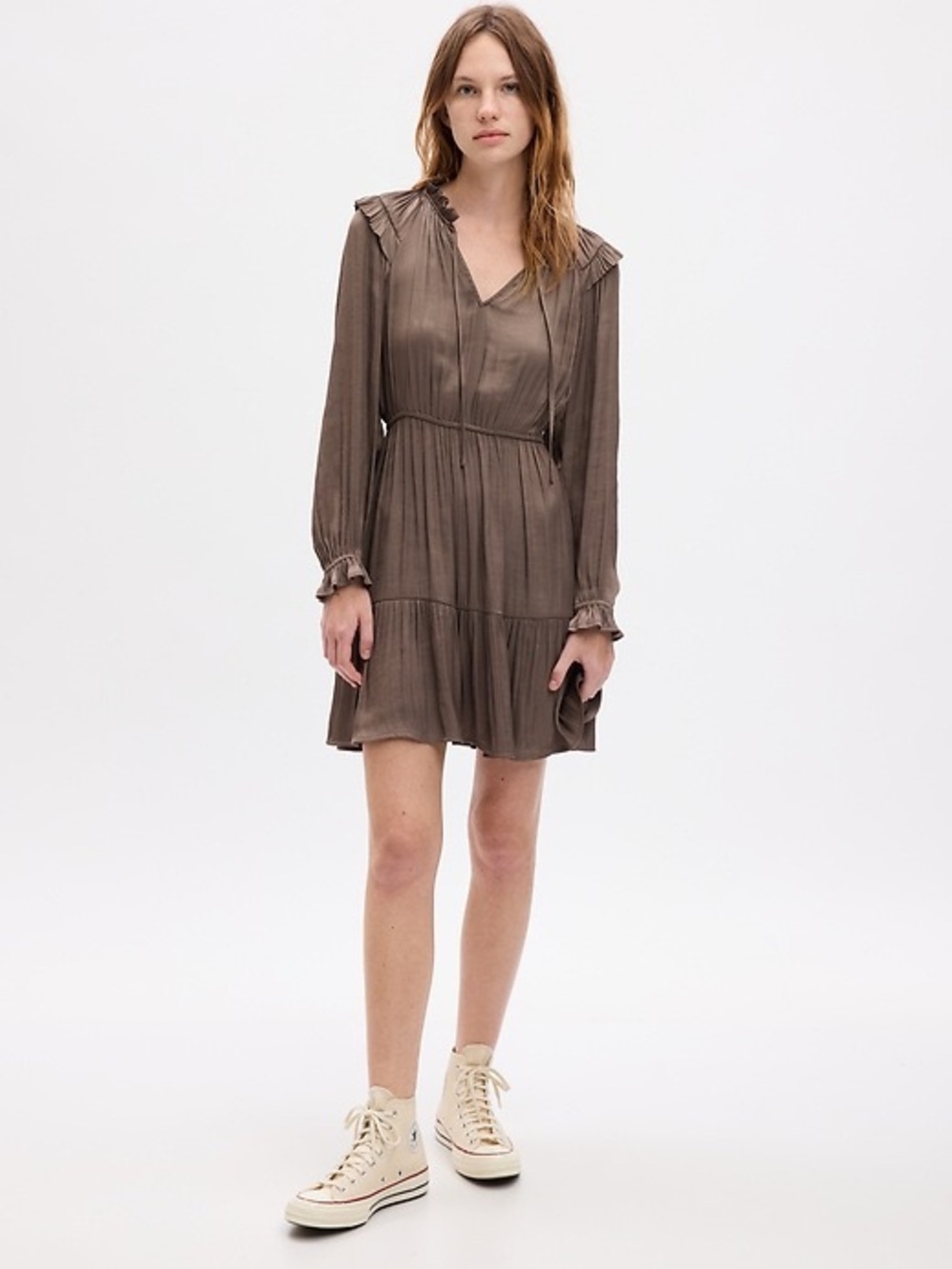 Gap Brown Satin Ruffle-Trim Long Sleeve Dress